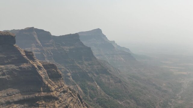 Ratangad layered cliffs and escarpment aerial Maharashtra India