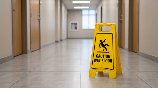 Wet floor caution sign displayed indoors to prevent slipping accidents and injuries