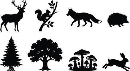 Naklejka premium Set of forest animal and nature silhouette illustrations featuring deer, fox, squirrel, trees, mushrooms, and rabbit