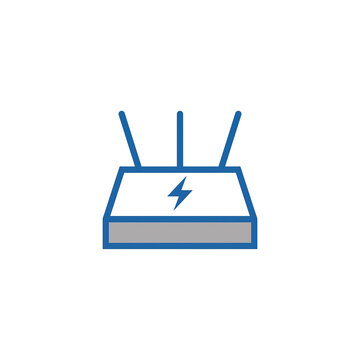 A minimalist blue and grey icon depicting a wireless router with three antennas and a lightning bolt symbol, representing fast internet connectivity.