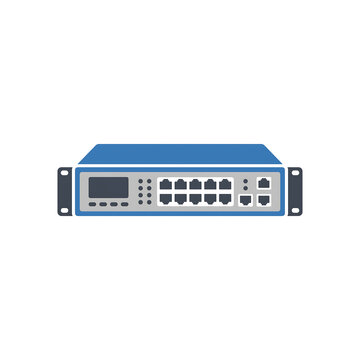 Blue and grey network switch with multiple Ethernet ports and a display screen, front view of a rack-mountable device.