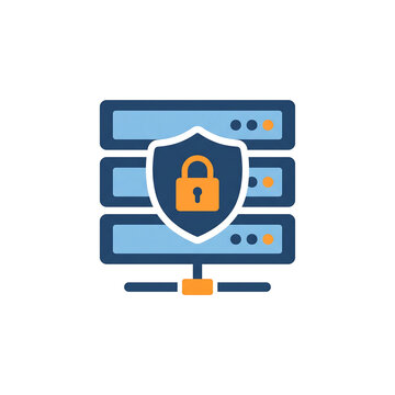 Secure server rack with shield and padlock icon representing data protection and cybersecurity.