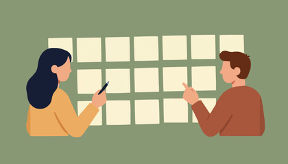 Fototapeta premium Professional team collaborating together while organizing tasks on a large grid of sticky notes with illustration style working flat vector illustration