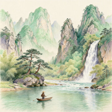 Colored Pencil Chinese Landscape Painting Fisherman Boating Mountain Waterfall Pine