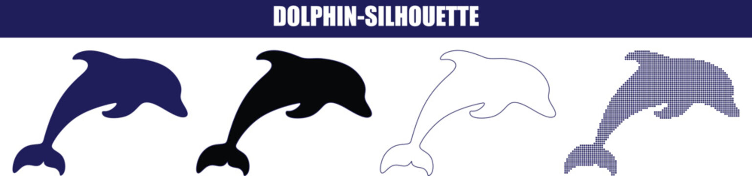Four dolphin silhouettes in motion during daytime against a clean backdrop Isolated on white background