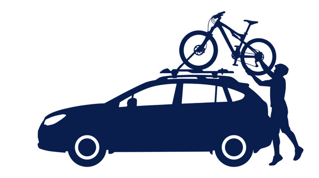 Man loading bicycle onto car roof rack carrier.