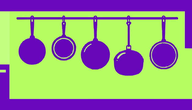Minimalist vector illustration featuring five purple frying pans hanging uniformly against a bright green backdrop with suspended linear arrangement