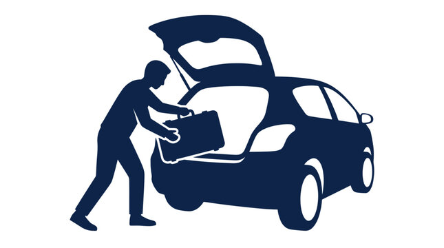 Man loading suitcase into car trunk silhouette.