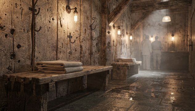 Rustic bathhouse interior featuring roughhewn wood walls and vintage light fixtures in sharp detail against a muted outoffocus guest area.