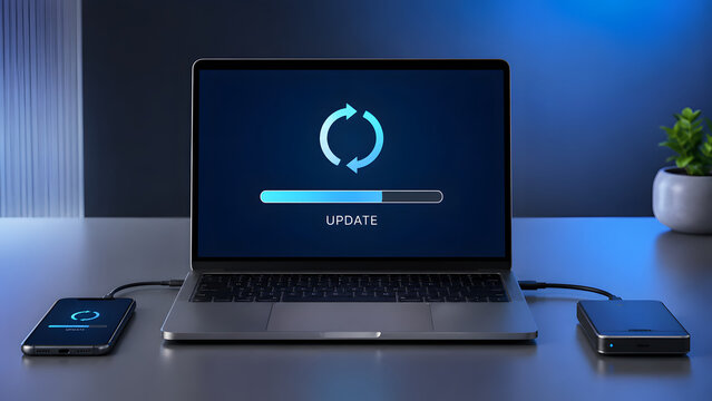 Laptop connected to mobile device displaying synchronization loading bar. Concept of digital data transfer and system software backup protocol.