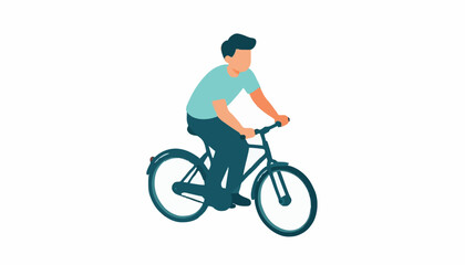 Fototapeta premium Minimalist flat vector illustration of a young man riding a bicycle isolated on white background with bicycle against plain stylized flat transportation
