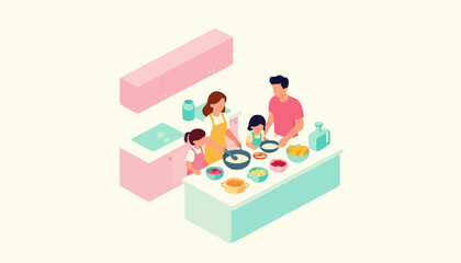 Fototapeta premium Family preparing healthy homemade meals together in a modern kitchen isometric vector illustration design concept with various bowls ingredients