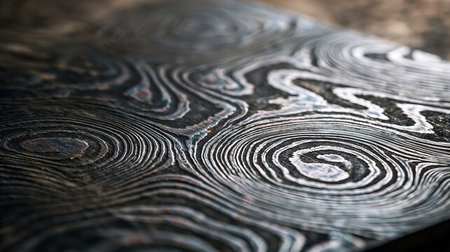Close-up flat lay of Damascus steel pattern texture, swirling watermark pattern of light and dark steel created through traditional folding technique, studio flat lighting 
