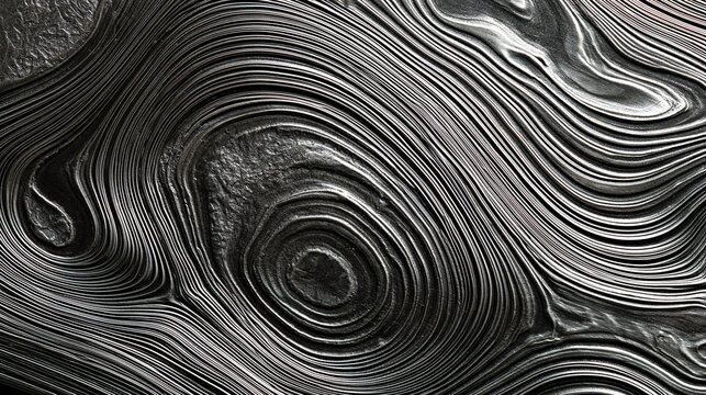 Close-up flat lay of Damascus steel pattern texture, swirling watermark pattern of light and dark steel created through traditional folding technique, studio flat lighting 