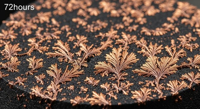 Close-up of intricate crystal formations growing organically on black surface after 72 hours