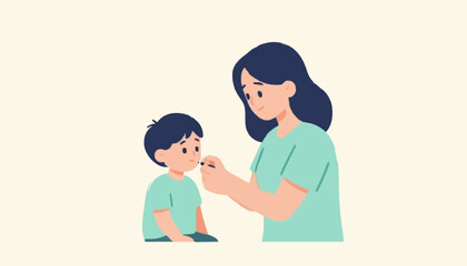 Fototapeta premium Caring mother administering medicine to her young son in minimalist flat vector illustration style with gently administering depicts caring with protection