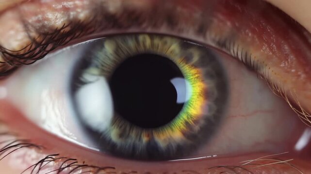 Extreme macro eye closeup showing centered dilated pupil, vivid gray blue iris fibers, yellow brown pigment rings, bright rainbow reflection, crisp skin texture, and clinical detail