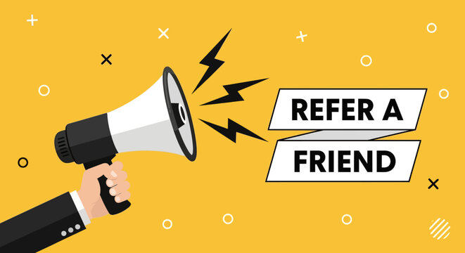 Megaphone held by a hand delivers a message about a refer a friend program to boost company growth.
