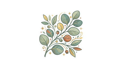 Stylized eucalyptus branch illustration with botanical elements. © Kartka
