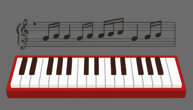 Red keyboard piano illustration with musical notes staff notation set against a plain gray backdrop with positioned below horizontal