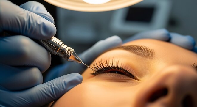 Professional cosmetic eyeliner tattoo procedure performed with precision tooling on closed eyelid