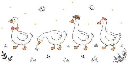 Cute Farmhouse Goose Cartoon Character Set Featuring Geese in Bow Tie and Fedora Hat Walking on Grass Vector Graphic Asset © MstJasmin