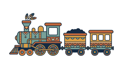 Stylized vintage steam locomotive with colorful train cars. © Kartka