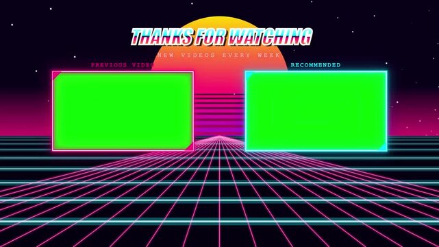 Retro Synthwave 80s Neon YouTube End Screen Outro Template Animation Green Screen Chroma Key Vaporwave Grid Like Share Subscribe