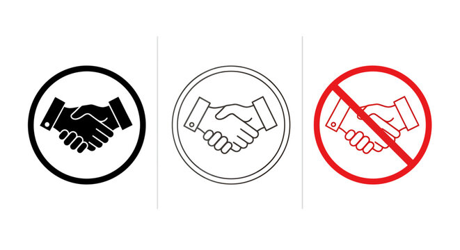 Vector illustration of handshake icons in circular frames, showing agreement, outline and no-entry styles.