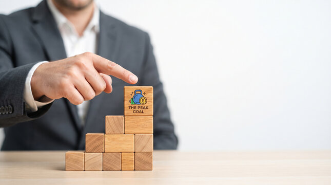 Debt income ratio planning concept with hand pointing at block goal, financial growth and savings strategy