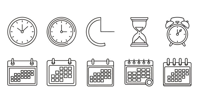 Set of clocks and calendars icons representing time management and scheduling concepts.