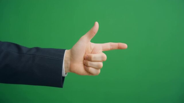 Professional corporate hand executing a finger snap gesture against a green screen for business innovation presentations, software reveals, and motion graphics transitions.