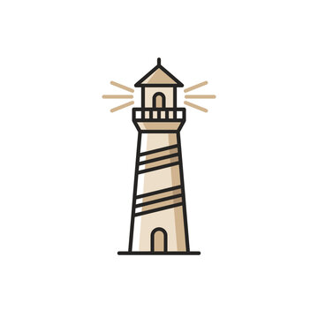 Tan lighthouse illustration with radiating light rays.
