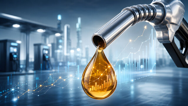 Metal fuel pump nozzle dripping golden oil drop containing digital bar chart. Concept of petroleum market trading and commodity prediction.