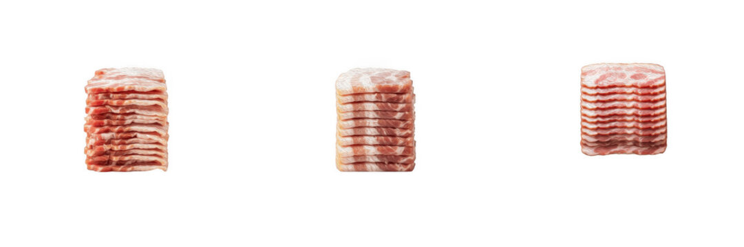 Set of 3 stacks of sliced salami sausages isolated on white background. PNG graphic element featuring cured meat pepperoni slices for charcuterie board design, deli menu, pizza topping, gourmet food c