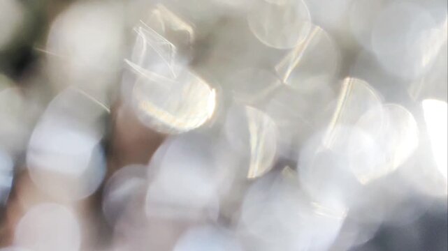 Blurred white lights or particles or bokeh effect against dark black background, creating a shimmering or glistening appearance for digital backgrounds or graphic design projects to add atmosphere