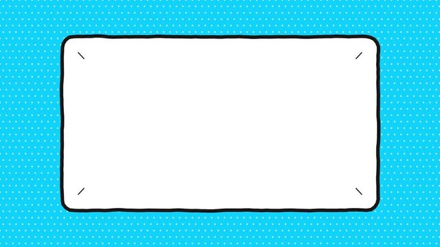 Comic book style blank frame on blue polka dot background. 4K Video