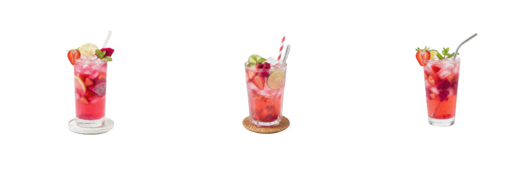 Set of 3 fresh berry mojito cocktails isolated on white background. PNG graphic element featuring strawberry lemonade drinks with mint, ice, and straws for summer bar menu, party flyer, drink recipe, 