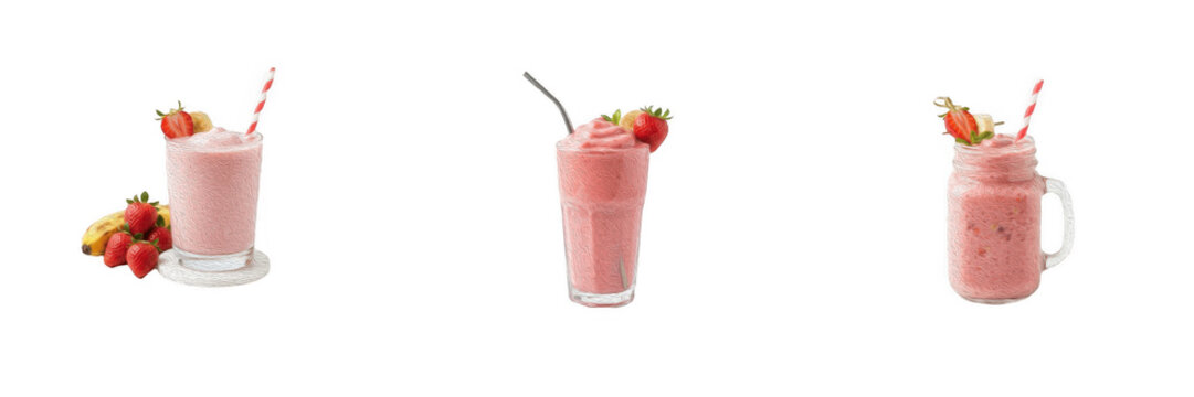 Set of 3 fresh strawberry smoothies isolated on white background. PNG graphic element featuring pink berry milkshakes in glass and mason jar for juice bar menu, healthy drink recipe, summer cafe promo