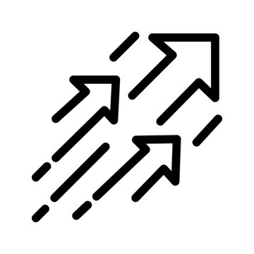 Minimal black outline icon featuring multiple upward arrows with motion lines, representing growth, progress, rising trends, success, advancement, and increasing performance. Suitable for business, fi