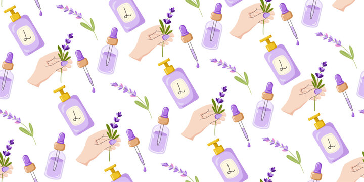 Seamless pattern for skincare with lavender, cosmetic bottles, serum droppers, hands and herbal sprigs. Vector illustration for packaging and branding of beauty spa salon.