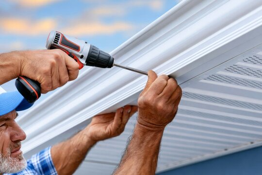 Skilled Handyman Installing Crown Molding on Residential Construction Project at Dusk