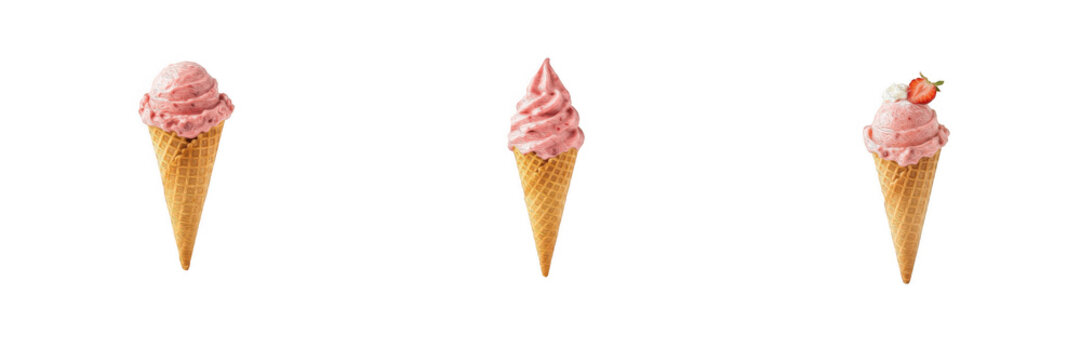 Set of 3 strawberry ice cream cones isolated on white background. PNG graphic element featuring pink soft serve and gelato scoops in waffle cones for summer dessert menu, ice cream shop flyer, sweet r