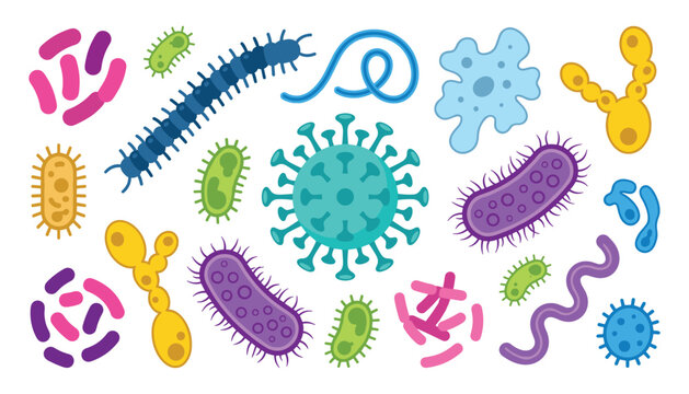 PrintMicroscopic bacteria virus and cell vector collection featuring colorful dangerous microbes organisms pathogens amoeba parasites and medical infection icons
