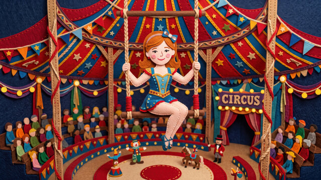 A stitched felt illustration of a smiling female trapeze artist sitting on a swing inside a colorful circus tent, suspended above a ringmaster, clown, and audience.