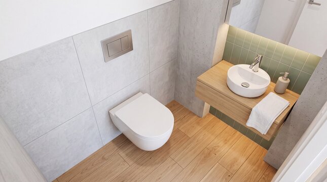 Bright contemporary bathroom featuring a wall-mounted toilet, round ceramic basin, wooden vanity, green tile backsplash, towel, and sleek minimalist interior design.
