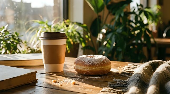 Takeaway coffee cup and glazed donut on wooden table with potted plants by window, morning breakfast setup for cafes and food blogs.
