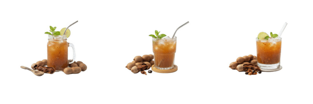Set of Iced Tamarind Drink Glasses Refreshing Agua de Tamarindo Sweet Sour Cocktail Beverage Fresh Pods Mint Lime Straw Isolated White Background PNG Cutout Elements Tropical Summer Cooler Asset