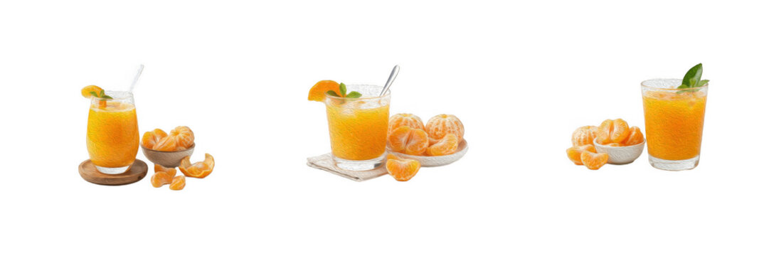 Set of Fresh Tangerine Orange Juice Glass Cold Summer Drink Fresh Mandarin Slices Mint Straw Isolated White Background PNG Cutout Elements Citrus Smoothie Cocktail Refreshment Healthy Beverage Asset