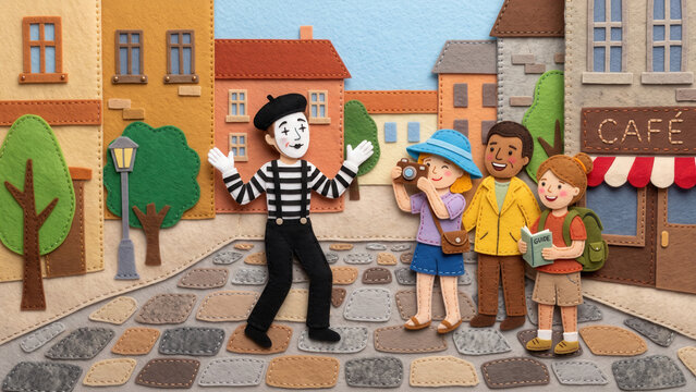 A stitched felt illustration of a mime performing on a cobblestone street for three tourists, one holding a camel, outside a colorful cafe.